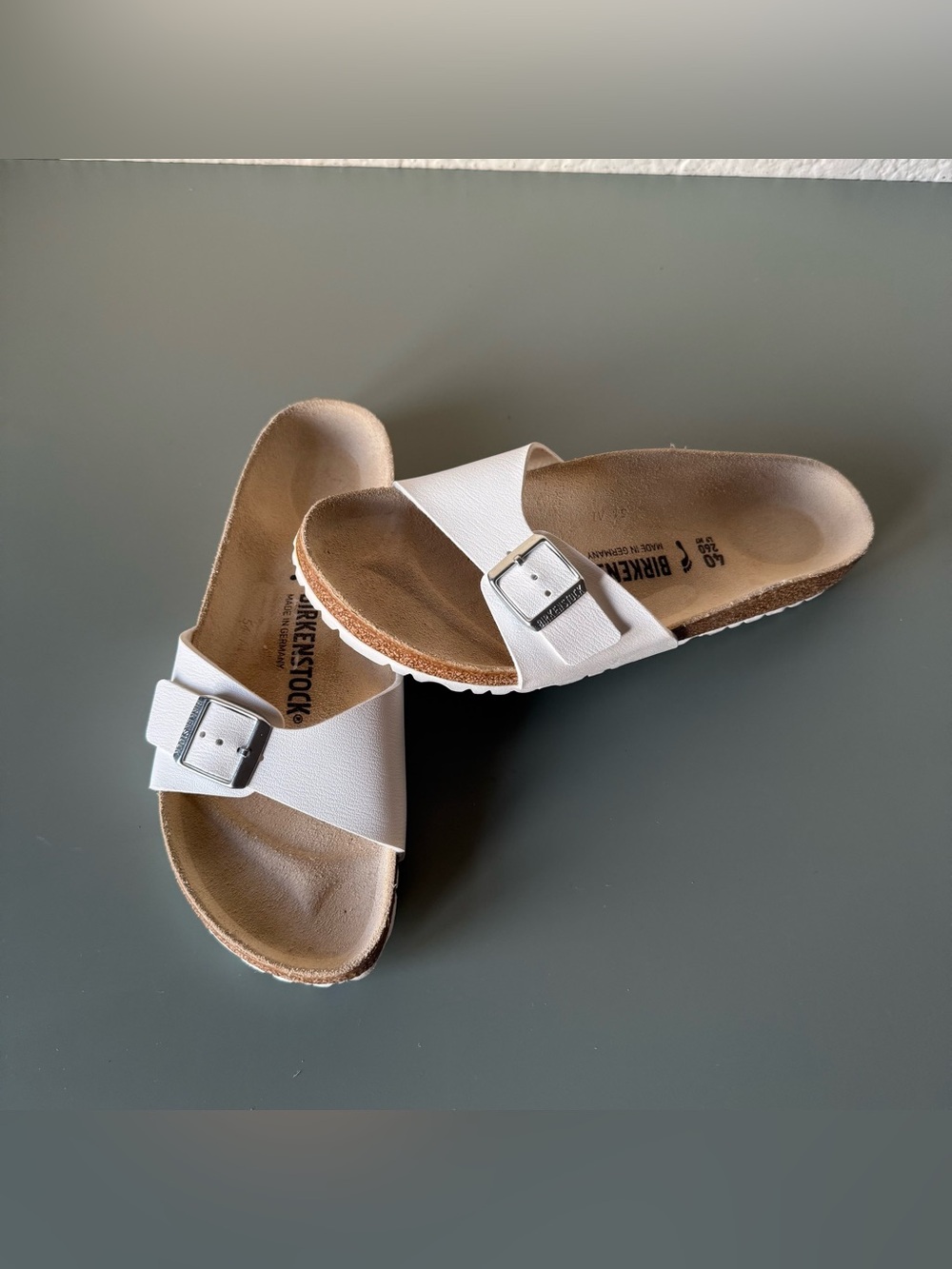 Birkenstock Madrid Birko-Flor Sandals, White Leather with Silver Buckles Size40